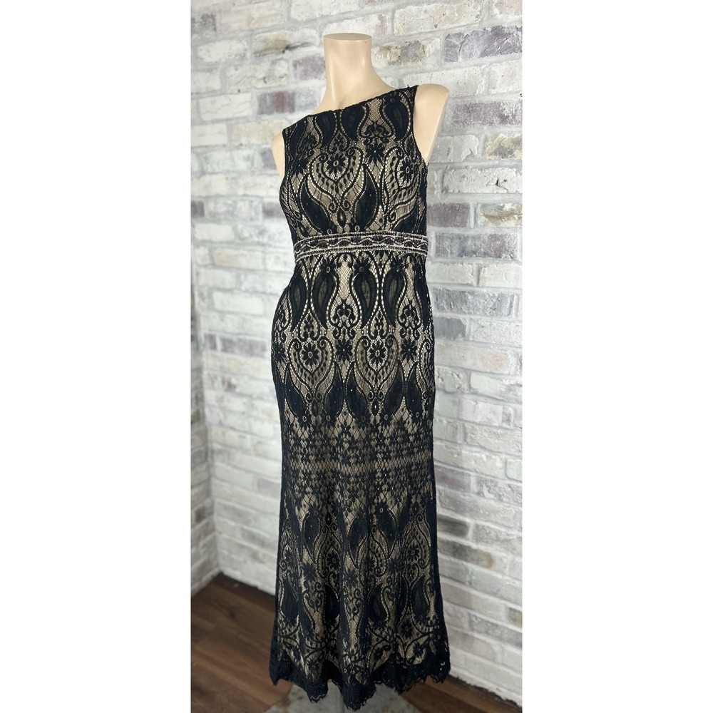 Vintage Dave Johnny Prom‎ Dress Maxi Gown Black Lace Rhinestone Glam Deco